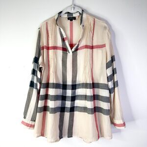 Como No? Top Women L Beige Black Red Plaid Tunic Long Slv Preppy Classic Indie